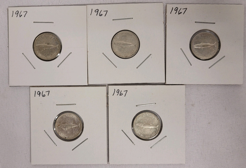 1967 Canadian Silver Dimes , Five Dimes in 2&times;2 Coin Holders