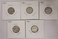 1967 Canadian Silver Dimes , Five Dimes in 2&times;2 Coin Holders