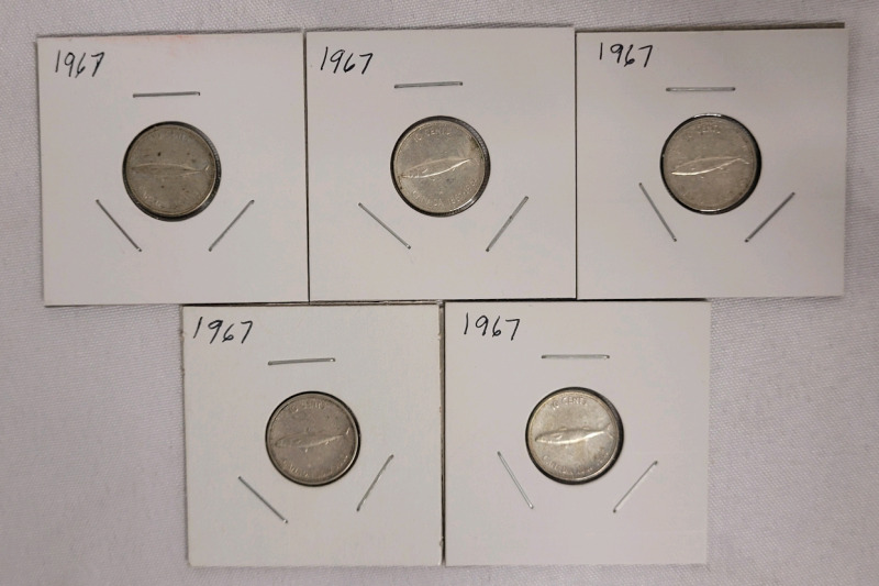 1967 Canadian Silver Dimes , Five Dimes in 2&times;2 Coin Holders