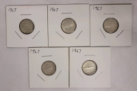 1967 Canadian Silver Dimes , Five Dimes in 2&times;2 Coin Holders
