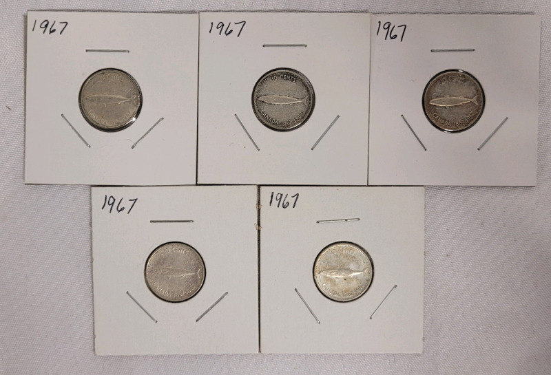 1967 Canadian Silver Dimes , Five Dimes in 2&times;2 Coin Holders
