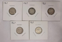 1967 Canadian Silver Dimes , Five Dimes in 2&times;2 Coin Holders