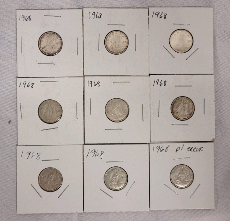 1968 Canadian Silver Dimes , Nine Dimes in 2&times;2 Coin Holders