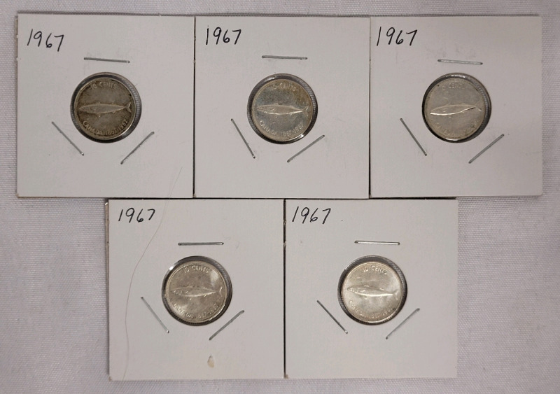 1967 Canadian Silver Dimes , Five Dimes in 2&times;2 Coin Holders