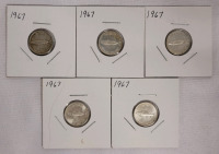 1967 Canadian Silver Dimes , Five Dimes in 2&times;2 Coin Holders