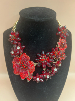 Statement Red Rhinestone & Glass Bead Necklace