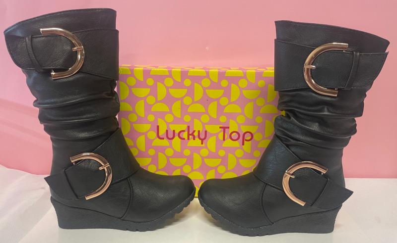 NEW Lucky Top Boots Black with small wedge heel and buckle for girls size 11