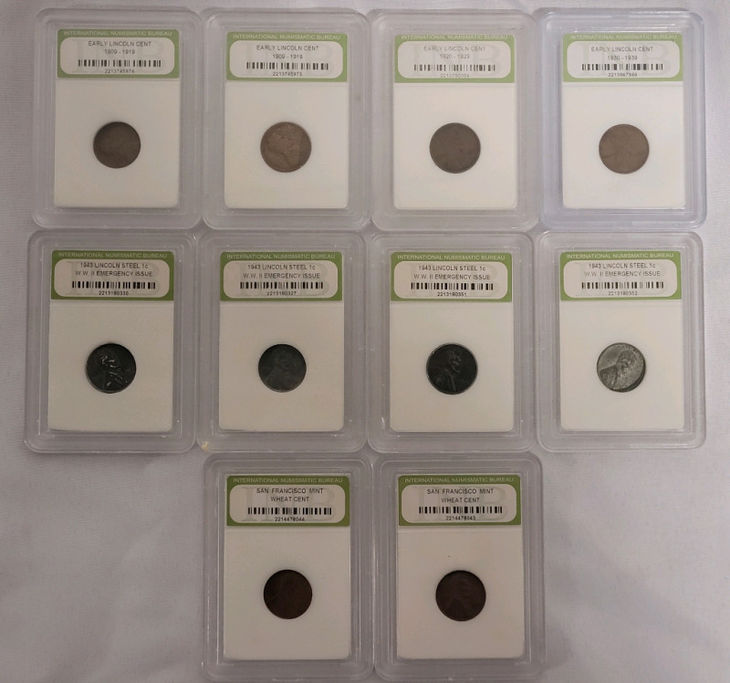 1918 - 1952 USA Lincoln Wheat Pennies in INB Cases , Ten (10) Coins