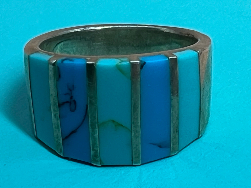 Sterling Silver 925 Two Turquose inlaid Wide Band Ring