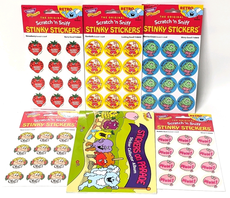 5 New Scratch n Sniff STINKY STICKER Packs & Sticker Album