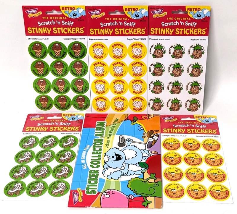 5 New Scratch n Sniff STINKY STICKER Packs & Sticker Album