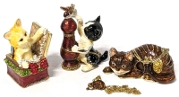 3 Enameled Cat Themed Trinket Boxes: Box Cat, Butterfly Cat & Grinning Cheshire Cat with Necklace