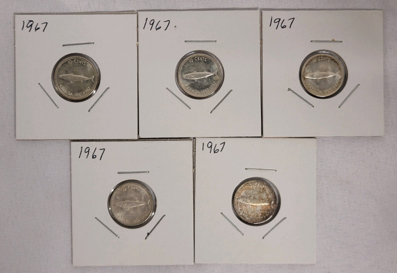 1967 Canadian Silver Dimes , Five Dimes in 2&times;2 Coin Holders