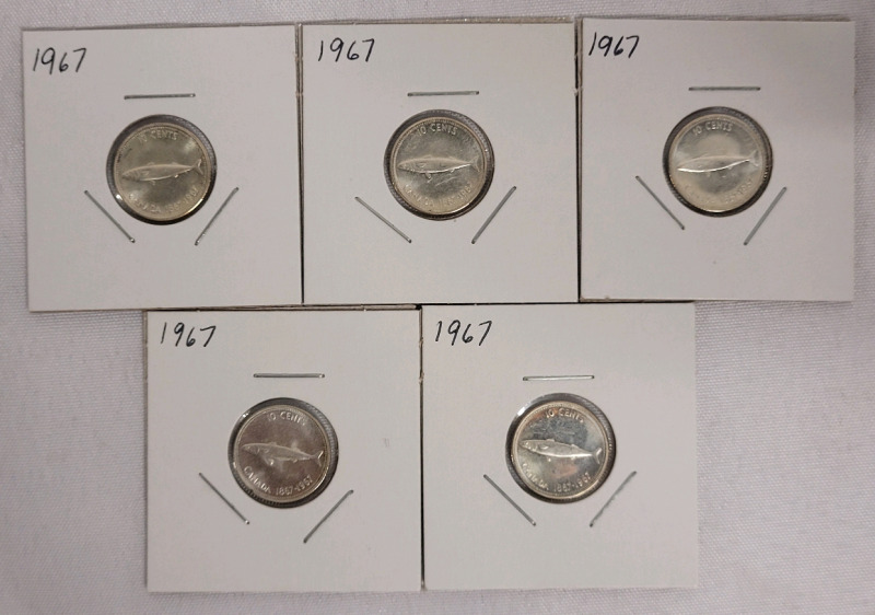1967 Canadian Silver Dimes , Five Dimes in 2&times;2 Coin Holders