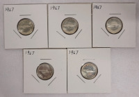 1967 Canadian Silver Dimes , Five Dimes in 2&times;2 Coin Holders