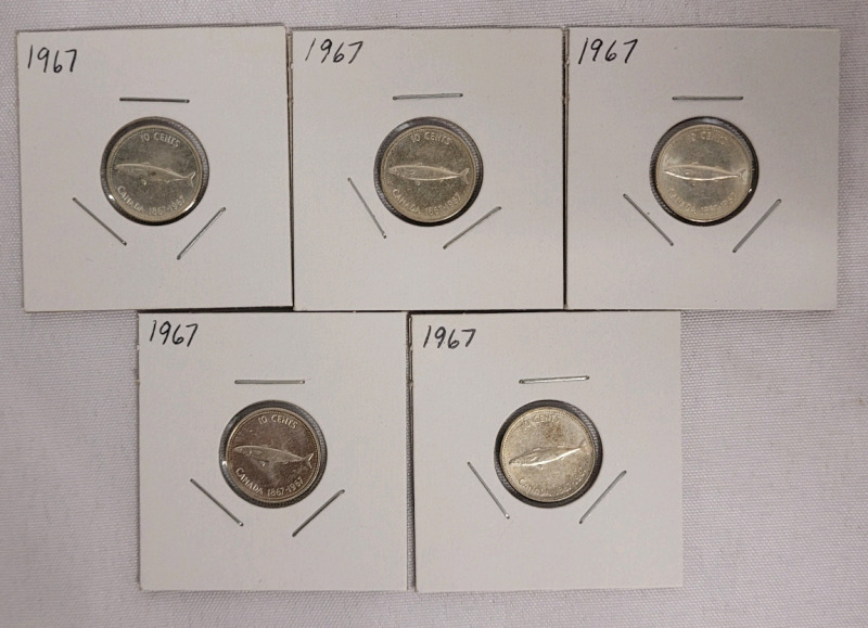 1967 Canadian Silver Dimes , Five Dimes in 2&times;2 Coin Holders