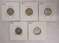 1967 Canadian Silver Dimes , Five Dimes in 2&times;2 Coin Holders
