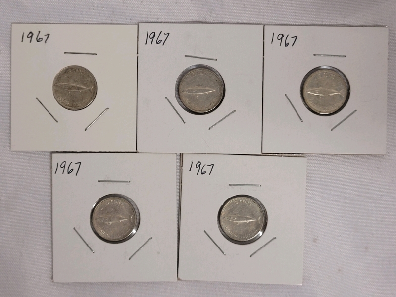 1967 Canadian Silver Dimes , Five Dimes in 2&times;2 Coin Holders