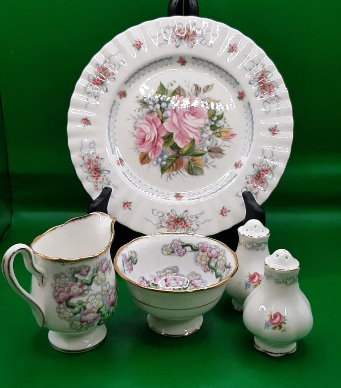 Vintage Royal Albert Happy Birthday Plate May Blossom Cream and Sugar Tranquility Salt and Pepper