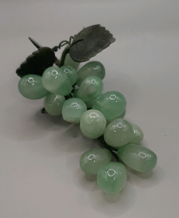 Vintage Green Quartz Grape Cluster with Jade Leaves 7"