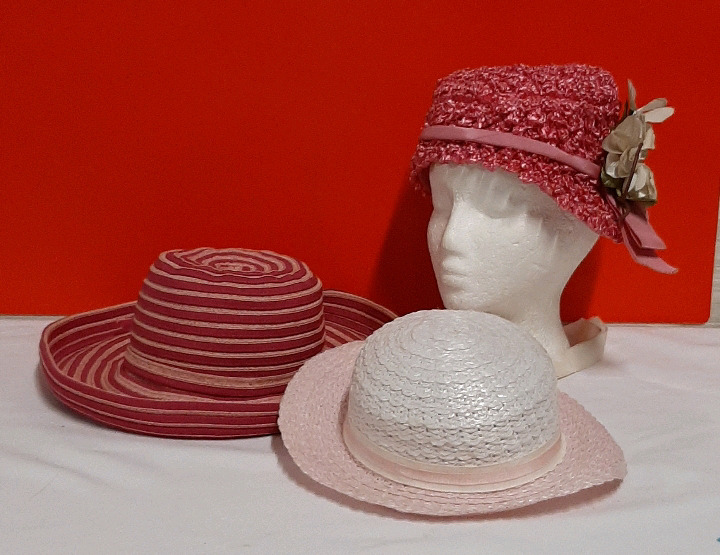 Vintage 2 Vintage Straw Hats 1 Pink and White 1 Rose with Flowers 1 Modern Striped Hat