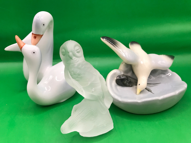 Hollohaza Hungary Porcelain Geese Seagull Figurine England Frosted Glass Owl Figurine 2.5 to 4 inches tall