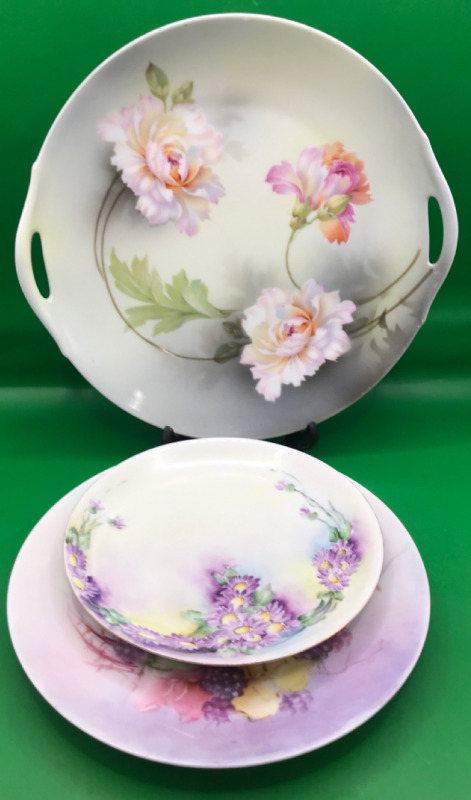 Peony Cake Plate RS Germany 2 Bavarian Plates all hand painted 6 to 10 inches wide