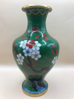 Cloisonn&eacute; Vase with Red & White Flowers & Birds 8 inches tall