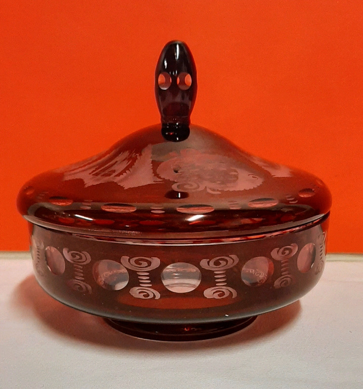 Vintage Egermann Ruby Cut to Clear Candy Dish with Lid