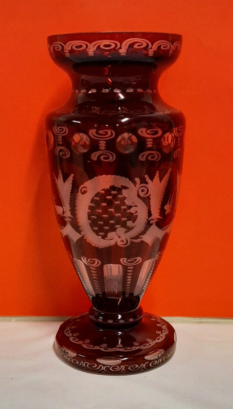 Vintage Egermann Ruby Cut to Clear Glass Vase 12"