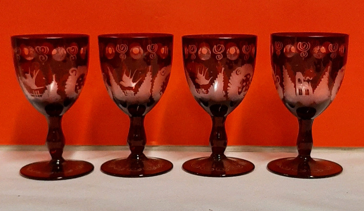 Vintage 4 Ruby Cut to Clear Glasses 4.5"