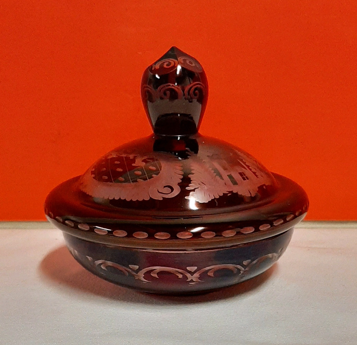 Vintage Egermann Ruby Cut to Clear Glass Candy Dish with Lid