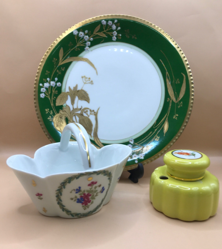 Limoges France Plate 9 inch Porcelain Basket & Inkwell