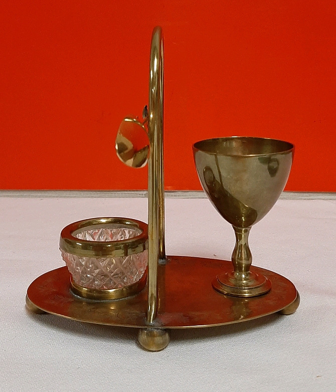 Antique Brass Individual Egg Stand with Crystall Salt and Spoon