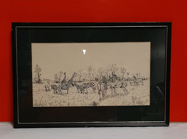Vintage Etching of Wildlife by M E Bartshore Under Glass