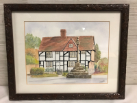 I Gilks Watercolor Cross & Tudor House East Hagbourge Berkshire England framed 15 x 12 inches