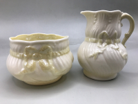 Belleek Ireland Bow Tie Sugar Bowl First Green Mark & Creamer Black Mark 2.5 to 3.5 inches tall
