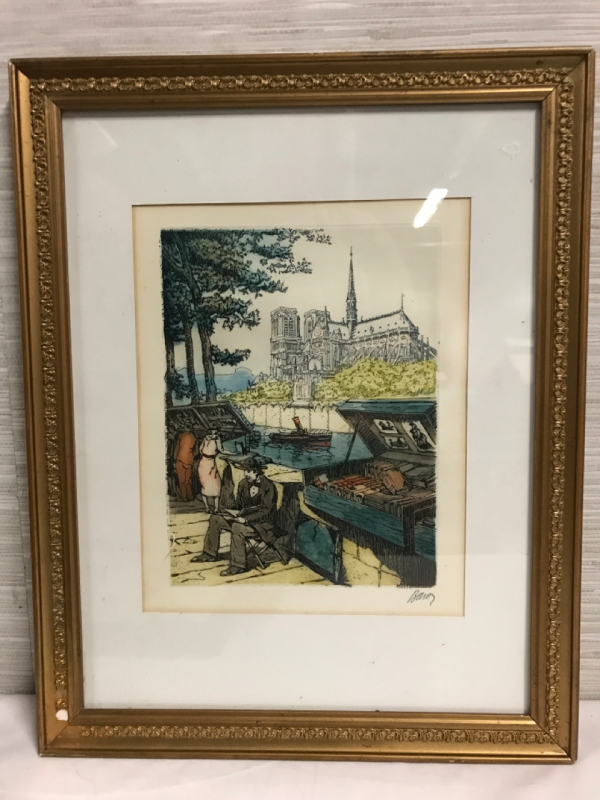 Hand Colored Etching Signed Framed 12 x 16 inches