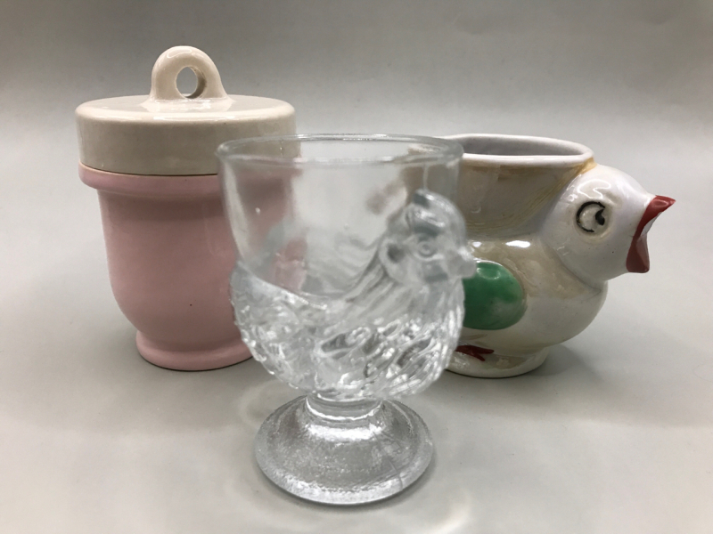 Vintage Pink White Porcelain Egg Coddler England Glass & Ceramic Chicken Egg Cups 3 inches tall