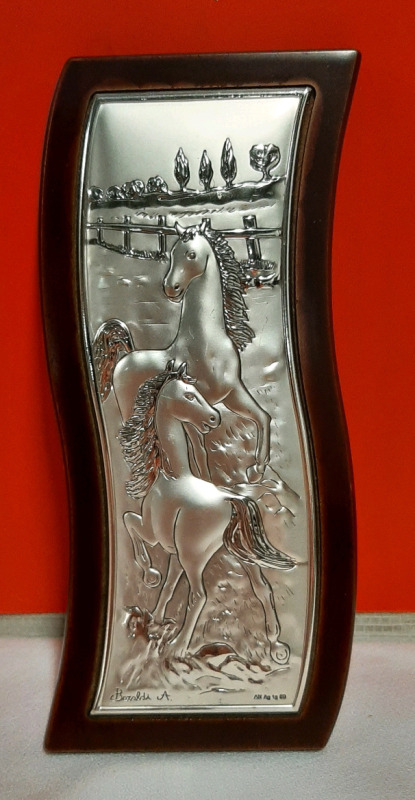 Vintage Italian Sterling Silver Bas Relief Plaque with Horses