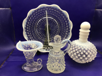 Moonstone Hobnail by Anchor Hocking Divided Bowl 1941-46 8 in wide Cornucopia Bud Vase Cruet & Barber&rsquo;s Bottle 3.5 to 6 inches tall
