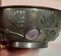 Antique Asian Pewter Bowl with Stone Cabachons and Raised Leaves