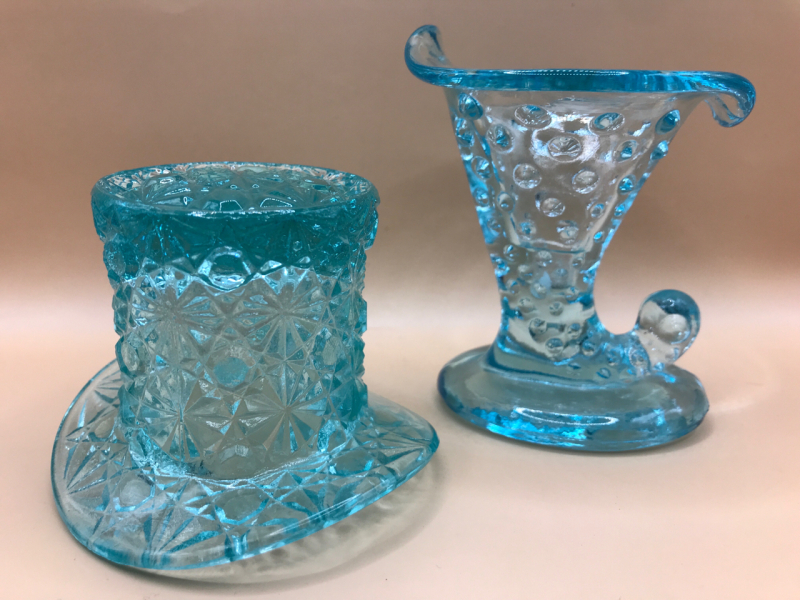 Turquoise Fenton Daisy Button Top Hat & Hobnail Horn of Plenty Vase 2.5 & 3.5 inches tall