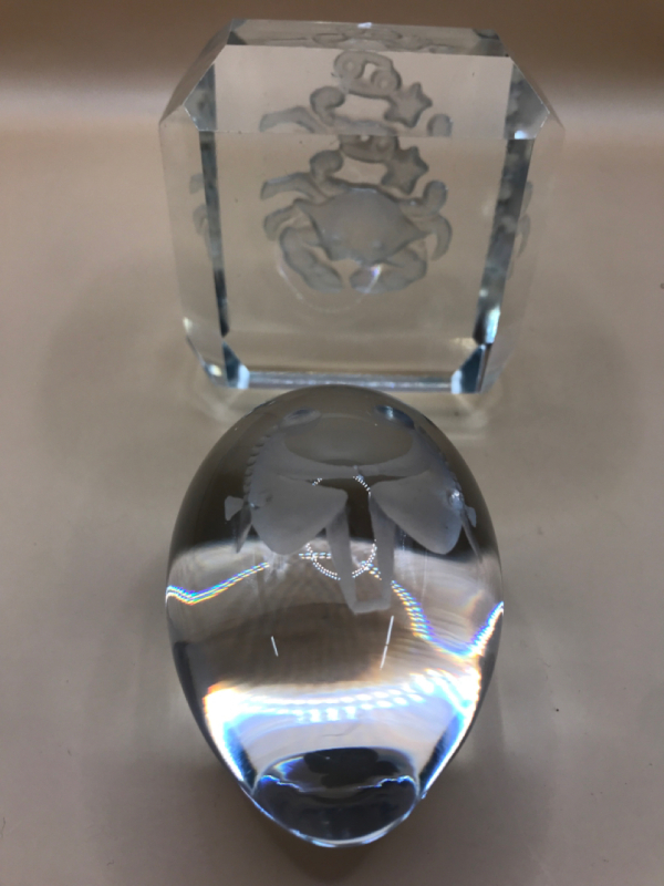 Crystal Square Paperweight with Crab & Elena’s Sweden Paperweight Twin Girls Oval 3 inches wide