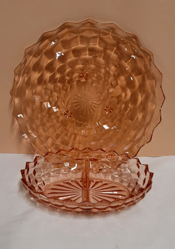 Vintage Pink Depression Glass Cake Plate and Divided Bowl
