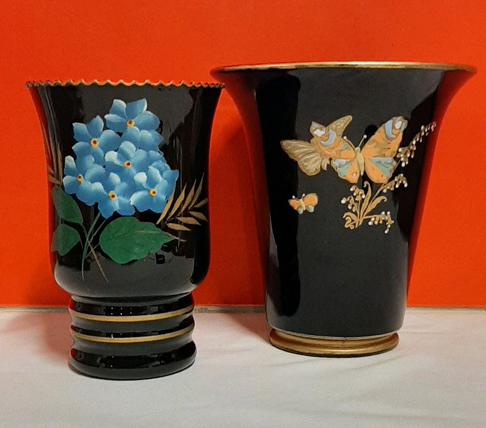 Antique Hand Painted Amethyst Glass Vase with Blue Flowers Vintage Amethyst Glass with Enamel Butterflies