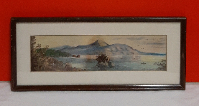 Antique Pastel of Lake and Mountains Under Glass by SB McLean