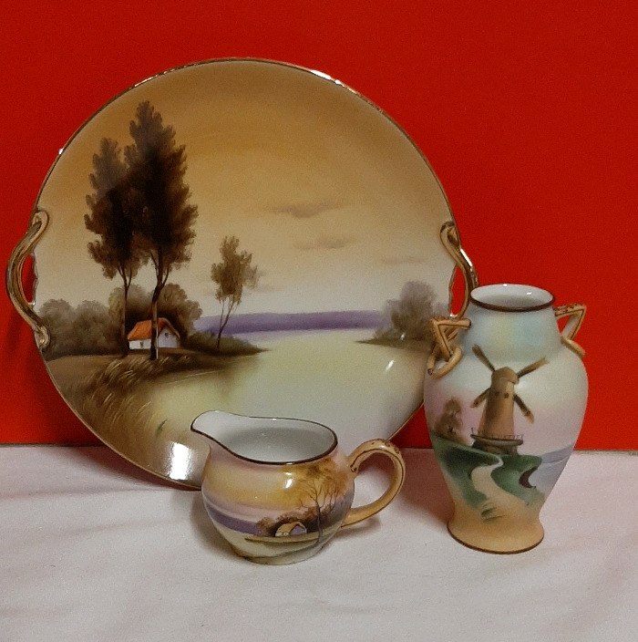 Vintage Noritake Handled Plate and Creamer Nippon Vase