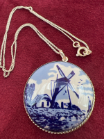 Antique Dutch Porcelain Pendant on 925 Sterling Chain