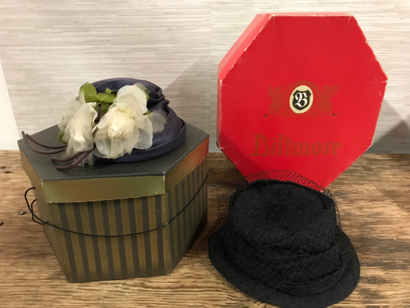 Vintage Biltmore Hat Box Navy Hat with Flowers Black Hat with Netting & Striped Hat Box